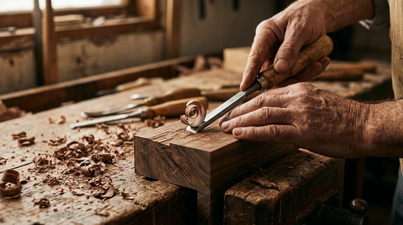 A maker's hands carving a block of walnut with a chisel at the workbench