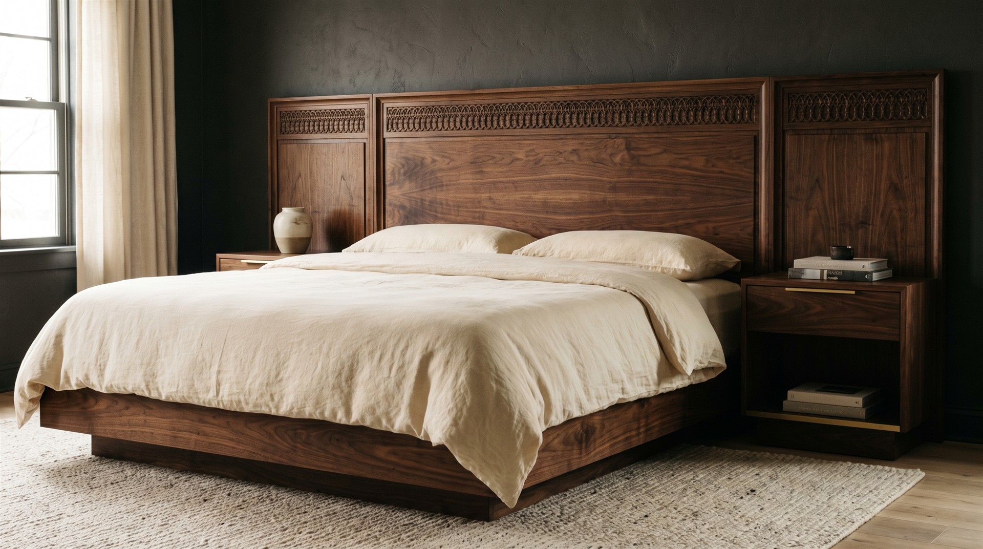 A handmade walnut bed with a carved headboard and matching bedside tables in a dark, quiet bedroom