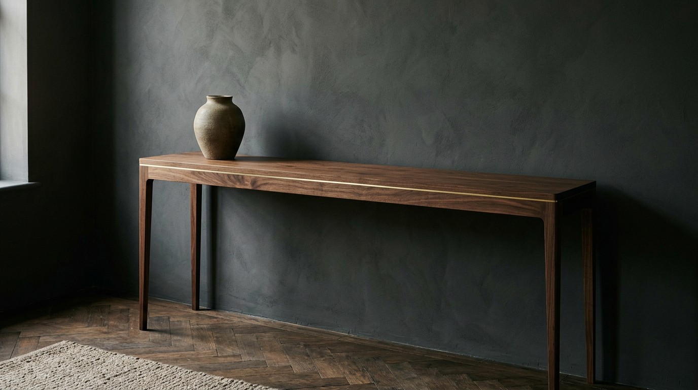 A slender walnut console with a fine brass inlay, standing against a charcoal plaster wall
