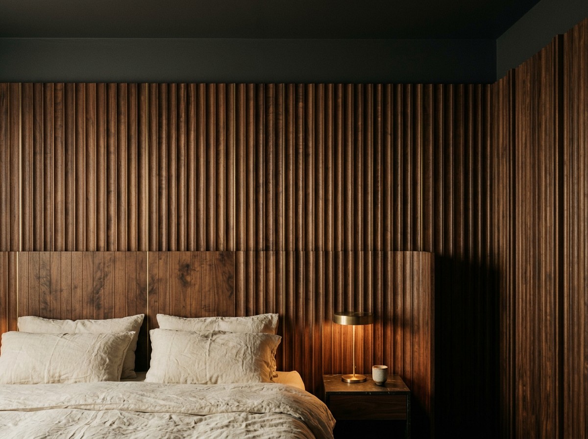 Hand-carved fluted walnut panelling flowing into a headboard, with a fine brass inlay and a lamp glowing beside the bed